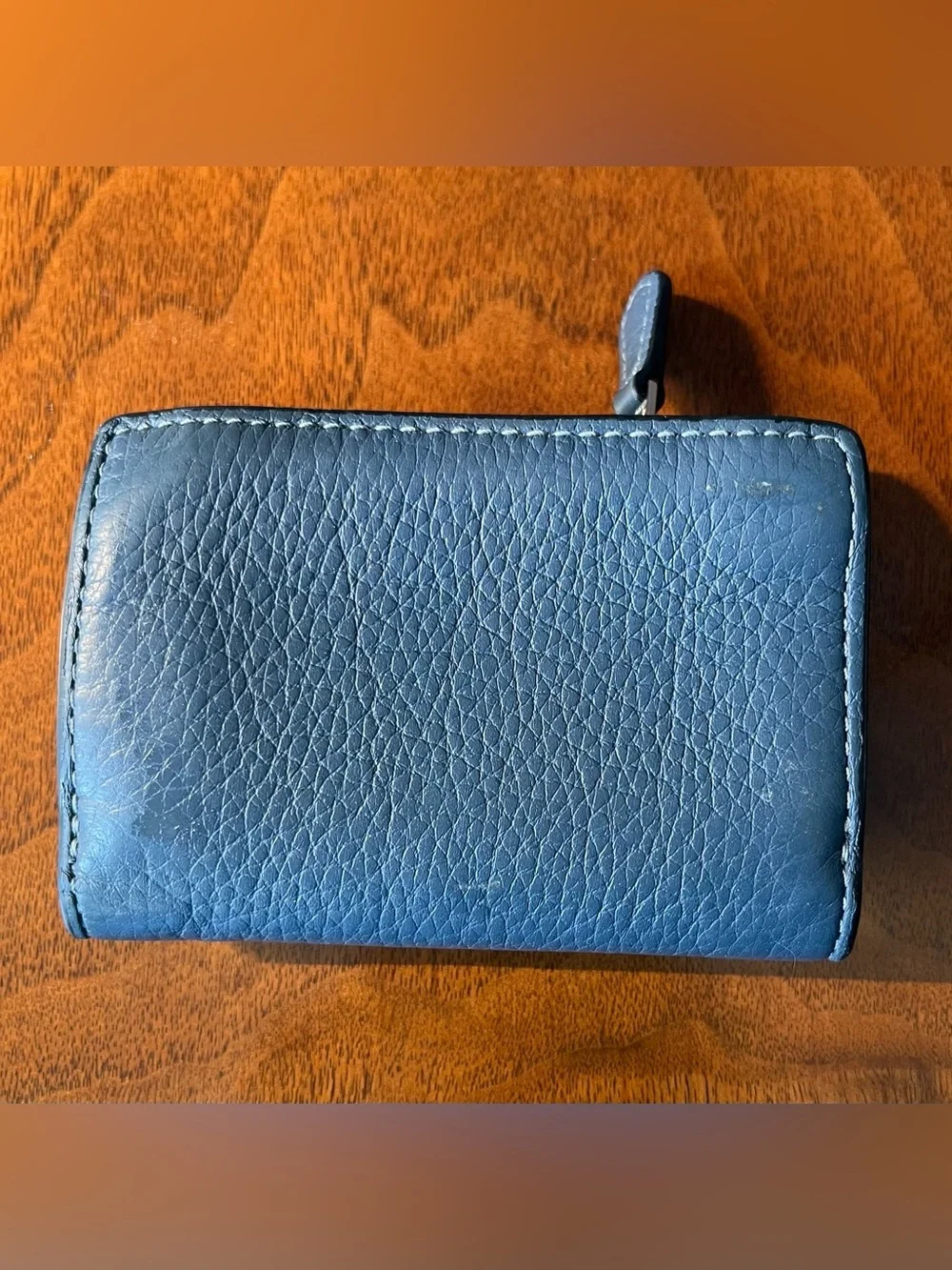 Coach Navy Blue Pebble Leather trifold wallet with coin zip! Silver hardware!